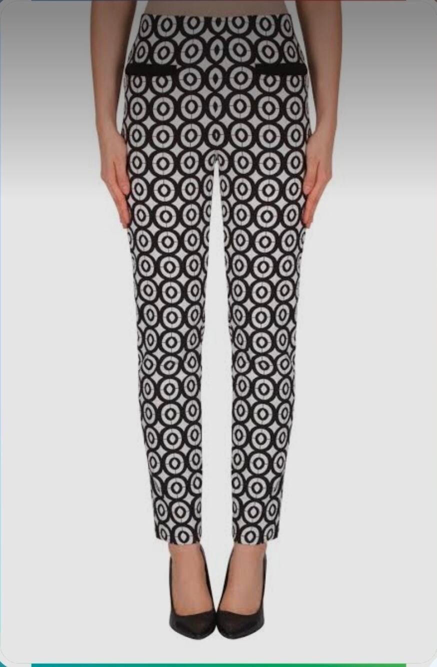 Joseph Ribkoff Pants Size 6 Black Ivory Geometric Print Slim Ankle Stretch